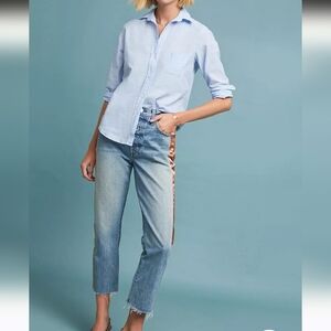 AMO Loverboy High-Rise Straight Jeans In Indigo With Bronze Accent Strip.Size 30